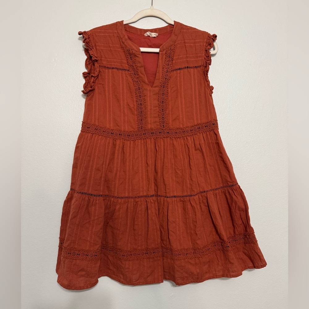 Altar’d State Cotton Tiered V Neck Mini Dress in Burnt Orange - Picture 2 of 8